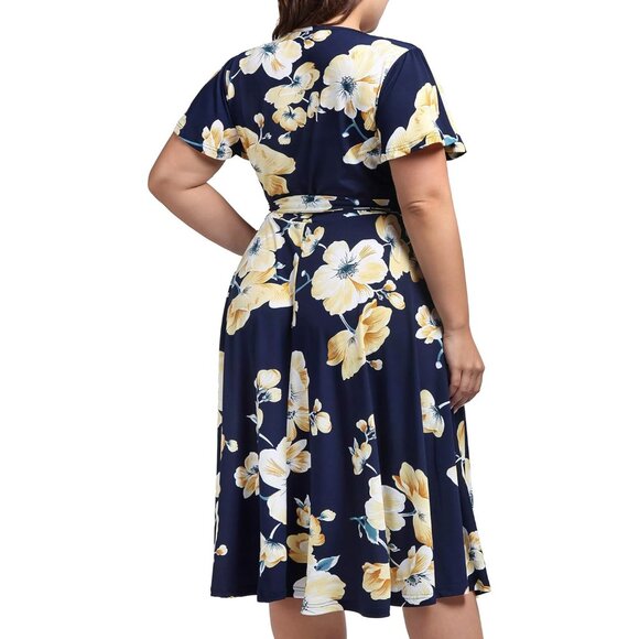 Plus Size Midi Dress Floral V Neck Pockets Sleeves Summer Casual Elegant - Picture 6 of 6